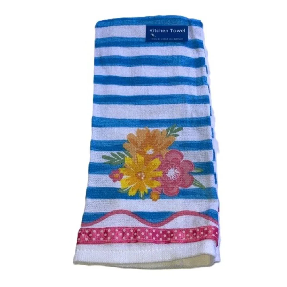 FLOWERS IN BLOOM Kitchen Towel NAUTICAL STRIPES FLOWERS NEW 14 x 24 inches